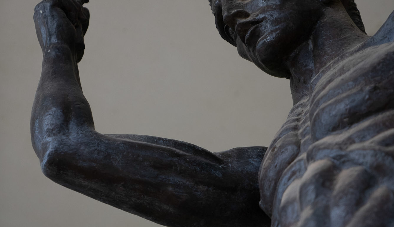 view from below of prometheus arm, head and torso